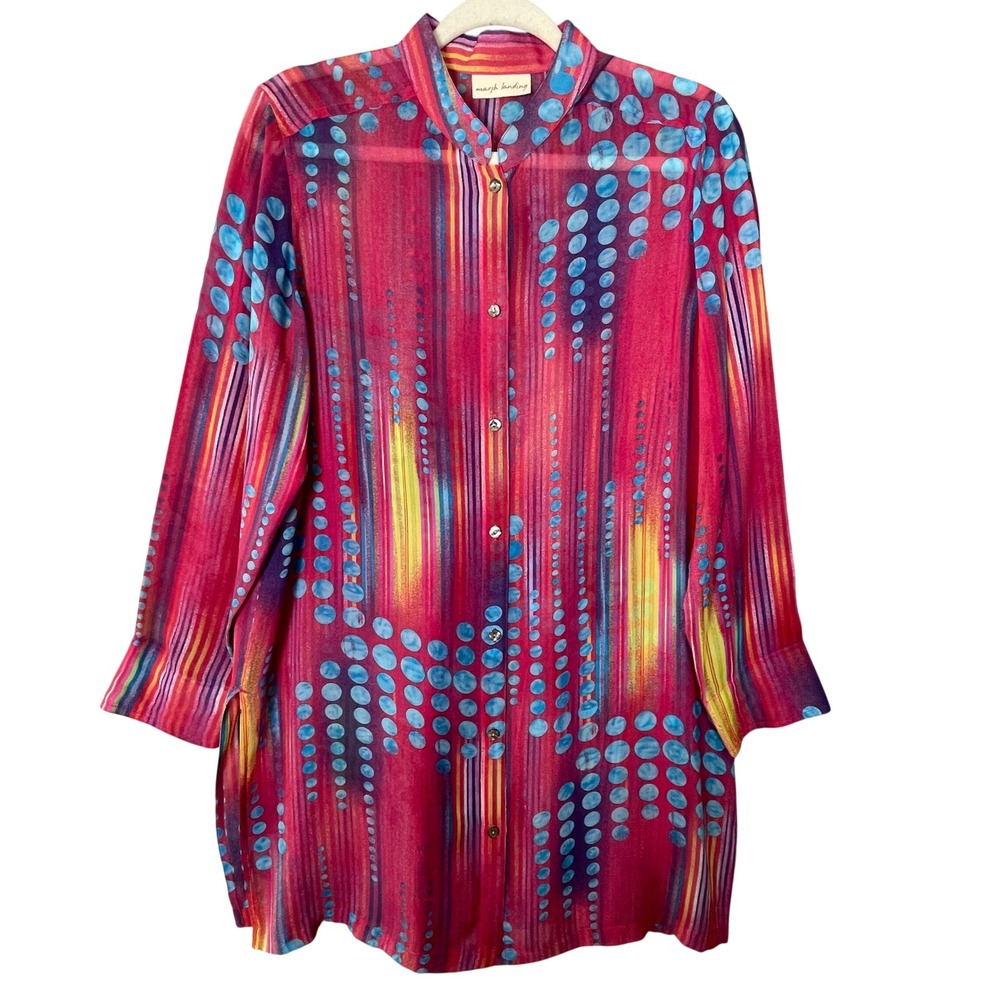 Marsh Landing Silk Tunic Women M Pink Blue Very Good Abstract Dot Longline Shirt